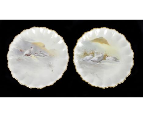 JOSEPH HANCOCK AND J HALLMARK FOR ROYAL DOULTON; two hand painted cabinet plates, 'Ptarmigan', No. E436 verso, diameter 22cm.