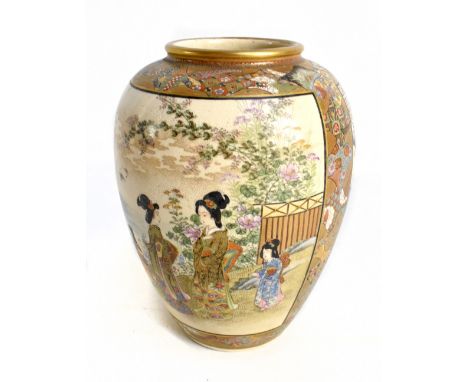 A Japanese Satsuma vase of globular form painted with geishas inside floral panels, signed to base, height 23cm.Additional In