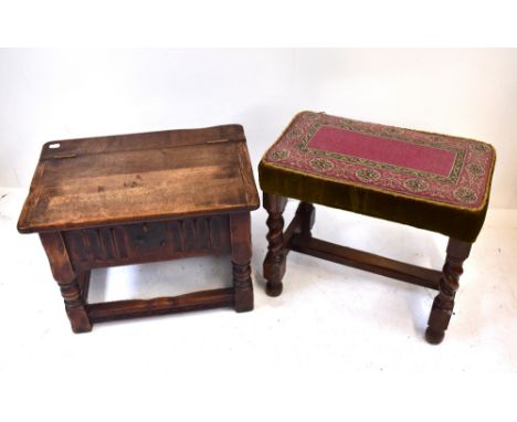 An oak stool with hinged seat and a tapestry stool (2).