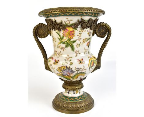 WONG LEE; a twin handled ceramic urn with enamelled floral urn and bronzed metal mounts, marked to base, height 32.5cm.Additi