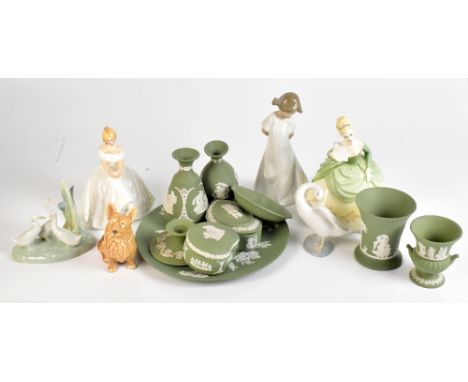 ROYAL DOULTON; two figures, HN2956 'Heather' and HN2316 'Soirée', two&nbsp;Lladró figures, a small swan and three cygnets, a 