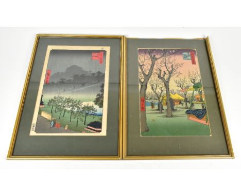 UTAGAWA HIROSHIGE II; a Japanese&nbsp;ukiyo-e woodblock print, 'Evening View of Kiribata in Rain at Akasaka', 33 x 21.5cm, an
