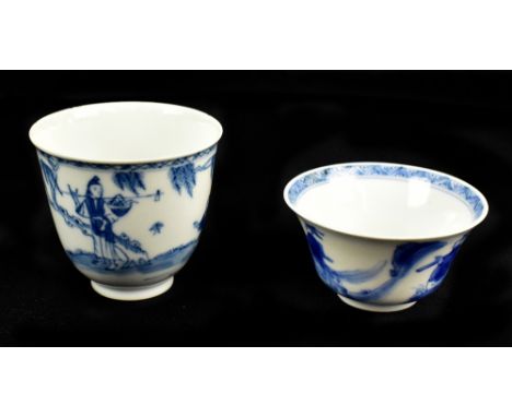 A Chinese blue and white tapering cup, unmarked, height 7cm, and a smaller cup painted with figures on horseback and a standi