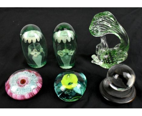 Six Victorian and later paperweights, including two dump examples, height 12cm, Murano example in the form of a fish, etc.Add