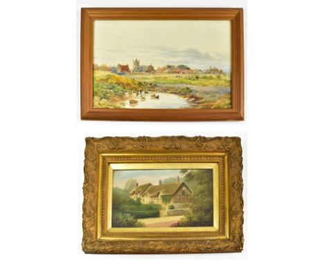 UNATTRIBUTED; watercolour, village scene with duck pond in foreground, unsigned, 28 x 43cm, and a decorative oil, both framed