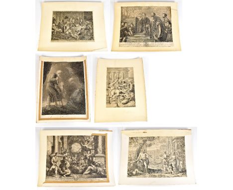 Six large 19th century and earlier monochrome engravings including ‘The Vendramin Family’ after Titian, 40 x 57cm, ‘The Blind