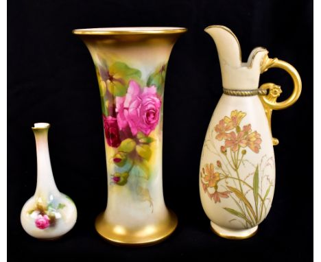 KITTY BLAKE FOR ROYAL WORCESTER; a trumpet vase painted with roses inside gilt border, green marks to base, height 23cm, toge