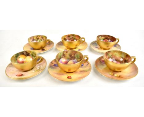 ROYAL WORCESTER; six hand painted cabinet cups and saucers decorated with fruit, various artists to include Ricketts, W.H. Au