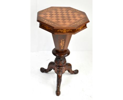 A Victorian walnut, satinwood inlaid and chevron banded chess top sewing table with octagonal hinged lid enclosing a compartm