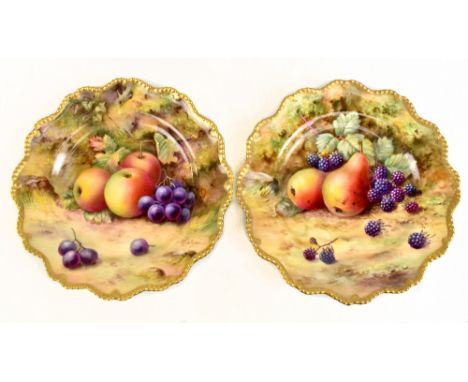 THOMAS LOCKYER FOR ROYAL WORCESTER; two hand painted cabinet plates with scalloped edges depicting fruit, signed to rim, puce
