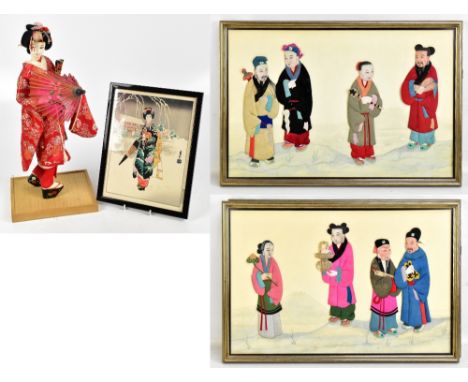 A pair of Japanese tapestry pictures each depicting four elders in landscape setting, unsigned, largest example 39 x 59cm, fr