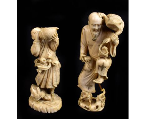 A Japanese Meiji period carved ivory okimono modelled as a warrior blowing into a conch shell with a sword upon his back, sig