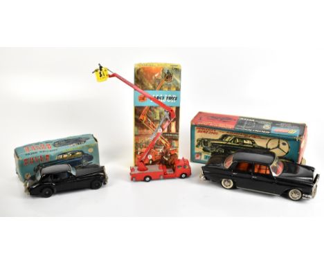 CORGI; a boxed 1127 Simon Snorkel Fire Engine and two boxed Japanese tin plate friction drive motor model cars comprising S-1