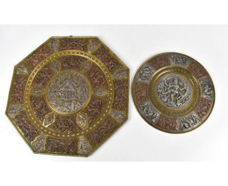 Two mid-20th century Eastern plaques with white metal and copper inlay depicting various figures and animals, diameter of lar