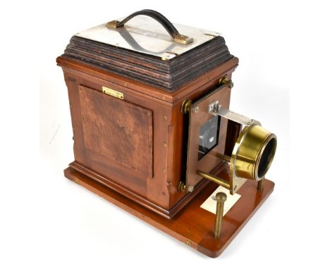 J LANCASTER & SON OF BIRMINGHAM; a late 19th century mahogany cased magic lantern, with stamped manufacturer’s mark, further 