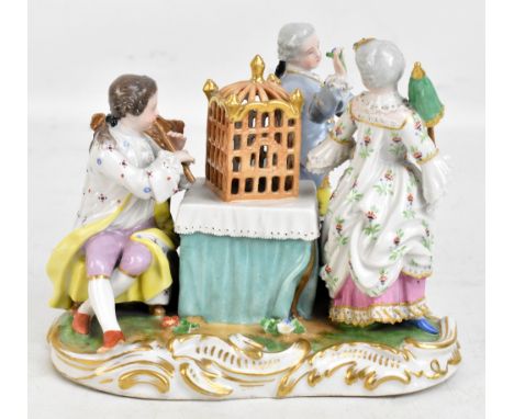 VIERRE; a porcelain figure group of a lady, cavalier and gentleman playing a recorder, circa 1860, impressed beehive mark and
