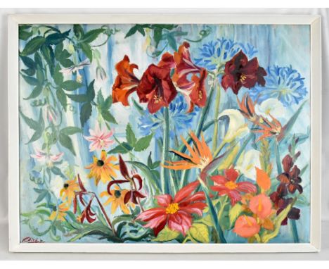 K. HIRD; oil on board, colourful floral study, signed, bearing traces of Heswall Artists Associated label verso, 76 x 100cm, 
