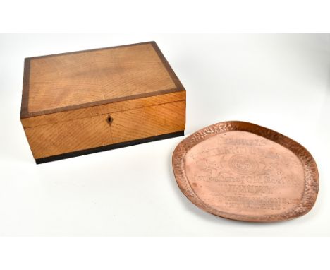 An Art Deco crossbanded oak cutlery box of rectangular form, with internal detachable tray, length 35.5cm, together with a Te