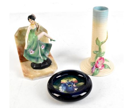 WALTER MOORCROFT; an 'Orchid' pattern pin dish, diameter 11cm, together with a Clarice Cliff 'My Garden' posy vase, height 18