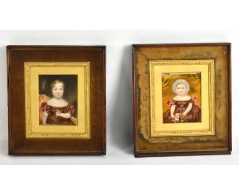 UNATTRIBUTED; a pair of 19th century rectangular portrait miniatures depicting young girls holding bunches of flowers, both o