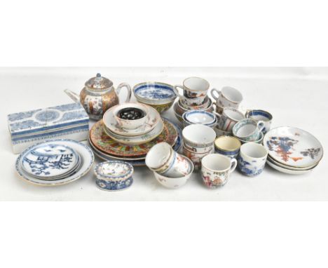 A large collection of 18th century and later predominantly Chinese porcelain to include teapot and cover with painted panelle