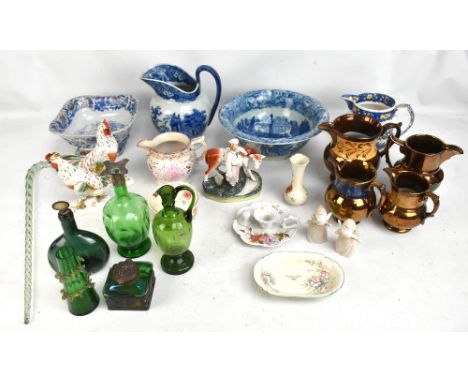 Two boxes of decorative ceramics and glass including a reproduction jug and bowl, copper lustre, also a green glass decanter 