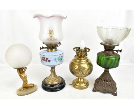 An Art Deco gilded spelter lamp with frosted globular shade, height 33cm, a Victorian oil lamp with blue painted reservoir an