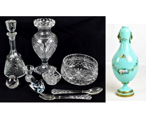 A small group of glassware including a decanter, cut glass vase, floral painted green glass vase, etc.Additional InformationT