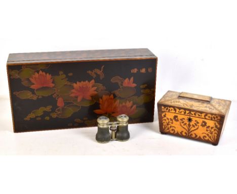 A Victorian rosewood and bird's eye maple inlaid tea caddy of sarcophagus form, width 23cm (af), a modern Chinese lacquered r