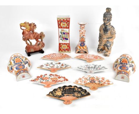 A group of 20th century Chinese ceramics including a waisted vase with enamelled figural and floral decoration bearing stylis