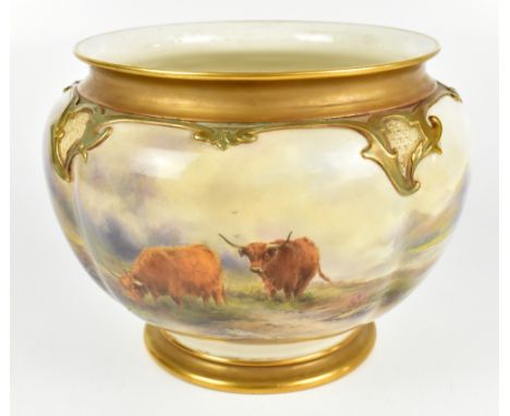 JOHN STINTON FOR ROYAL WORCESTER; a large ceramic jardiniere painted with Highland cattle in landscape setting, signed to rim