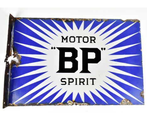 An original advertising double sided 'Motor BP Spirit' sign, 40.5 x 61.5cm.Additional InformationThe flange is heavily rusted