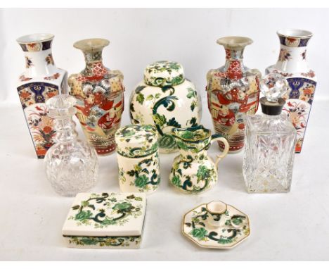 MASONS; five pieces of Chartreuse ware including ginger jar with cover and jug, also a silver mounted glass decanter, a furth