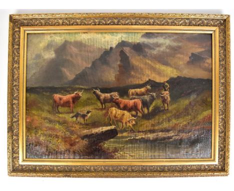 CEDRIC GRAY (SCOTTISH, LATE 19TH CENTURY); oil on canvas, Scottish Highland scene with cattle watering to foreground and moun