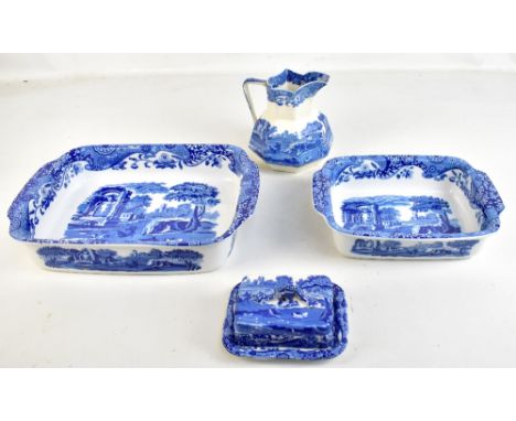 SPODE; four pieces of 'Italian' pattern blue and white tableware including a large roasting tray fitted in original box, leng