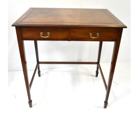 An Edwardian inlaid mahogany writing table with leather inset top, raised on tapering block supports, height 72cm, length 68c