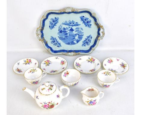 A 19th century ironstone twin handled tray with blue and white printed detail depicting a variant of the willow scene, length