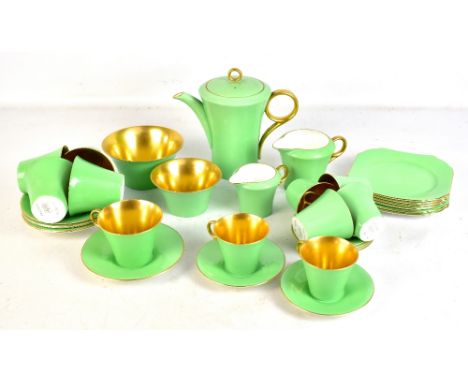 SHELLEY; a green and gold part tea and coffee service pattern W.11781/4, comprising teapot, large jug and bowl, small jug and