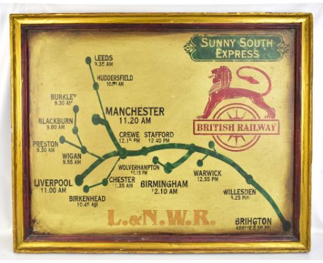 RAILWAY INTEREST; a vintage painted wooden board inscribed 'Sunny South Express, British Railway, L.&amp;N.W.R. featuring Tim
