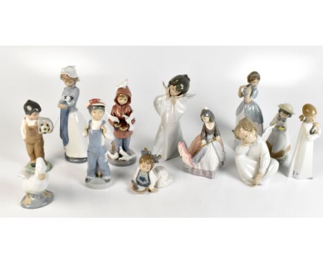 LLADRO; seven figures including boy feeding pigeons, girl with parasol (af), etc, and five Nao figures including girl with pu