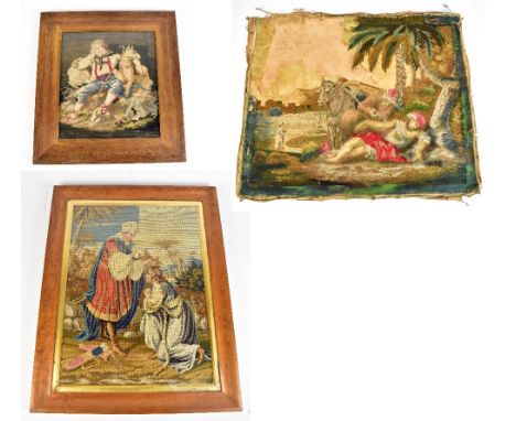 Two embroidered panels, the larger depicting young woman kneeling before an elder in Middle Eastern setting in bird's eye map