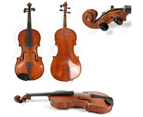 A German full size Stradivarius copy violin with paper label to interior and two piece back, length 36cm.Additional Informati