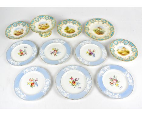 An early 19th century porcelain part dessert service with turquoise enamel in gilt borders and painted rural scenes to centre