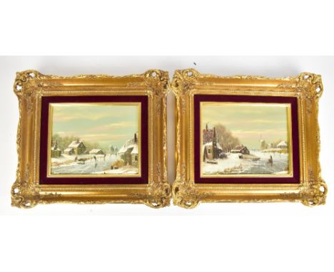 KAISER (DUTCH, 20TH CENTURY); a pair of oils, figures on frozen lake in snow scene, signed lower left, 18.5 x 23.5cm, framed.