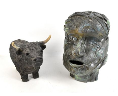 NANCY ROTHWELL; a large ceramic sculpture of head with applied detail, original label to the underside, height 35cm, and a st