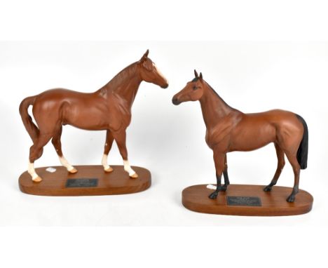 BESWICK; two Connoisseur bisque models, ‘Minstrel’ and ‘Red Rum’ (af), on oval bases with plaques (2).Additional InformationR