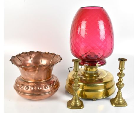 An Arts &amp; Crafts copper jardiniere with flared crimped rim, unmarked, height 20.5cm, a pair of brass candlesticks and a t