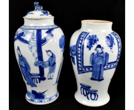 Two 19th century Chinese blue and white porcelain vases of tapering form painted with figures and objects, one example signed