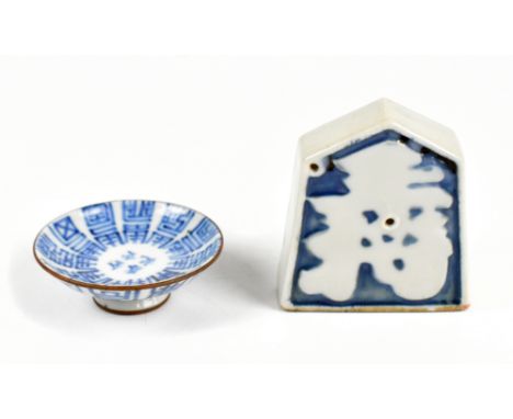 A Chinese blue and white wine bowl on circular foot with internal and external painted stylised shou characters, with painted