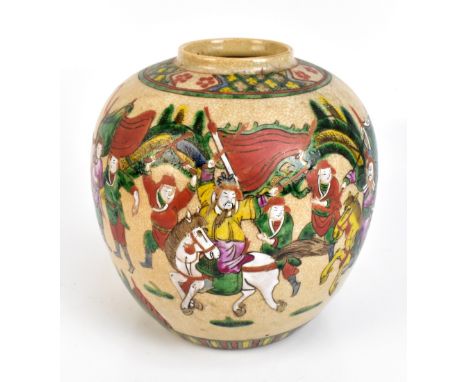 An early to mid-20th century crackle glazed ginger jar painted in enamels with warriors on horseback, with four character mar